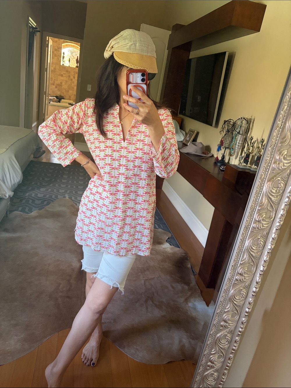 Women's Printed Tunic Dress - Pink Dragonfly Pattern